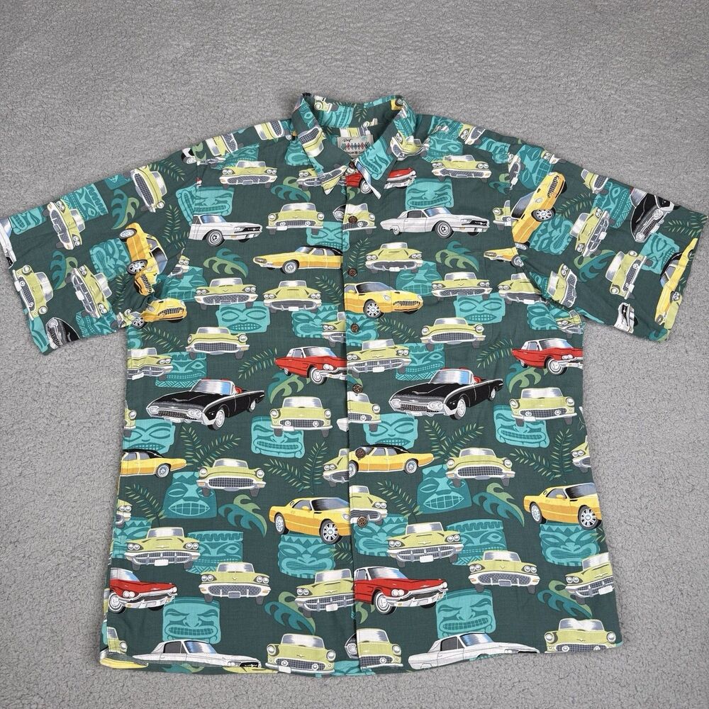 Reyn Spooner Shirt Mens L Green American Classics Cars Tiki Hawaiian Button Up